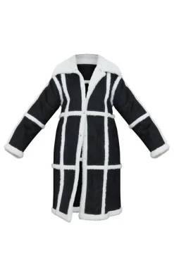 Plus Black Faux Suede Square Borg Panelled Coat