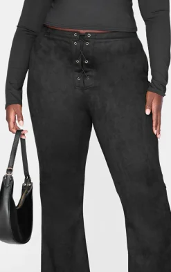 Plus Black Faux Suede Straight Leg Lace Up Pants