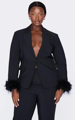 Plus Black Feather Trim Blazer