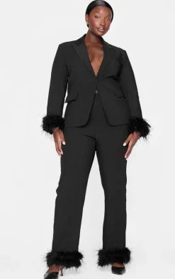 Plus Black Feather Trim Tailored Pants