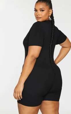 Plus Black Fine Knit Bust Detail Collared Seamless Unitard