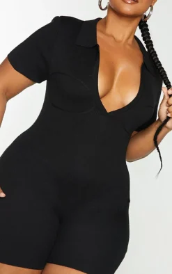 Plus Black Fine Knit Bust Detail Collared Seamless Unitard