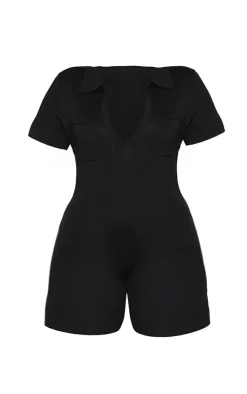Plus Black Fine Knit Bust Detail Collared Seamless Unitard