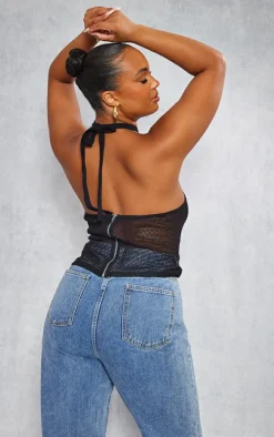 Plus Black Fishnet Halterneck Top