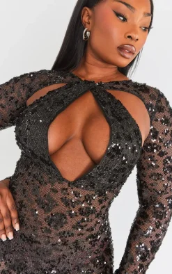 Plus Black Fishnet Sequin Cut Out Maxi Dress