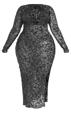 Plus Black Fishnet Sequin Cut Out Maxi Dress