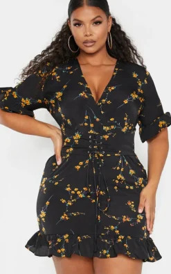 Plus Black Floral Corset Swing Dress
