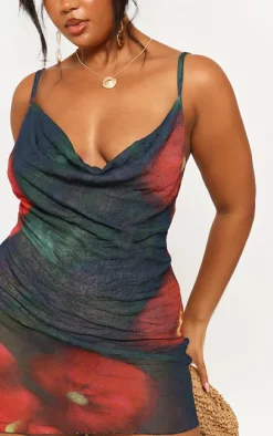 Plus Black Floral Crinkle Mesh Cowl Neck Mini Dress