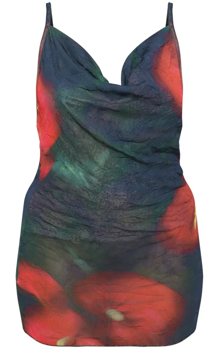 Plus Black Floral Crinkle Mesh Cowl Neck Mini Dress