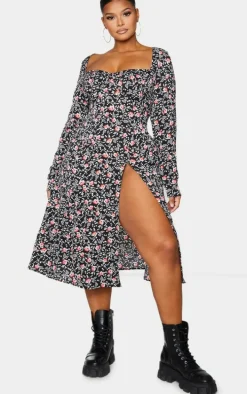 Plus Black Floral Print Cupped Split Detail Midi Dress