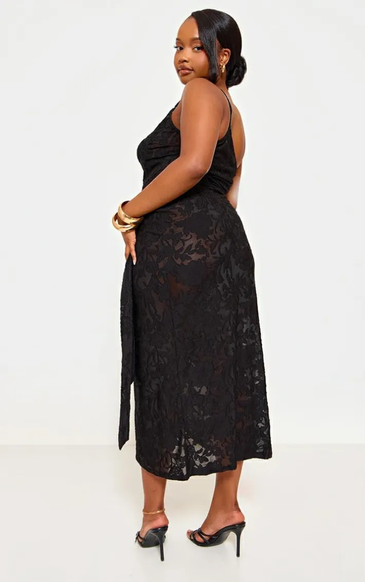 Plus Black Floral Tie Side Midi Dress