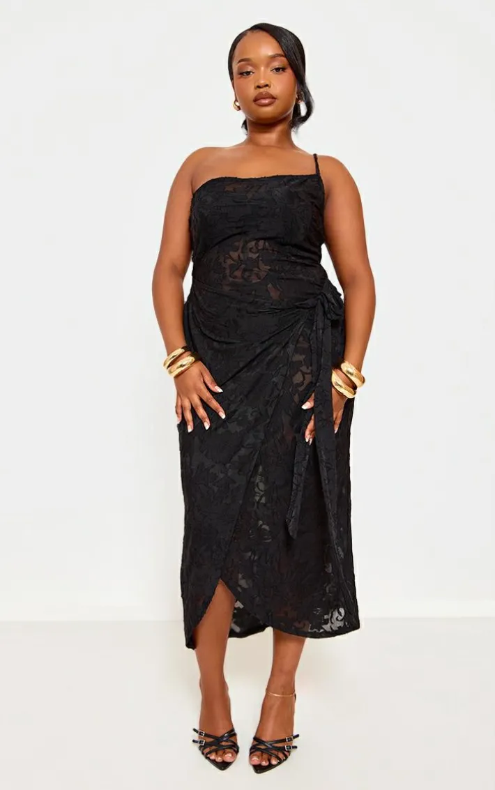 Plus Black Floral Tie Side Midi Dress