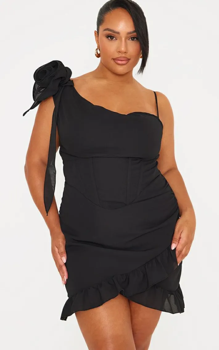 Plus Black Flower Detail Ruffle Hem Bodycon Dress