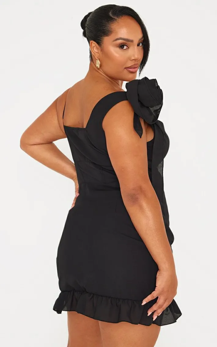 Plus Black Flower Detail Ruffle Hem Bodycon Dress