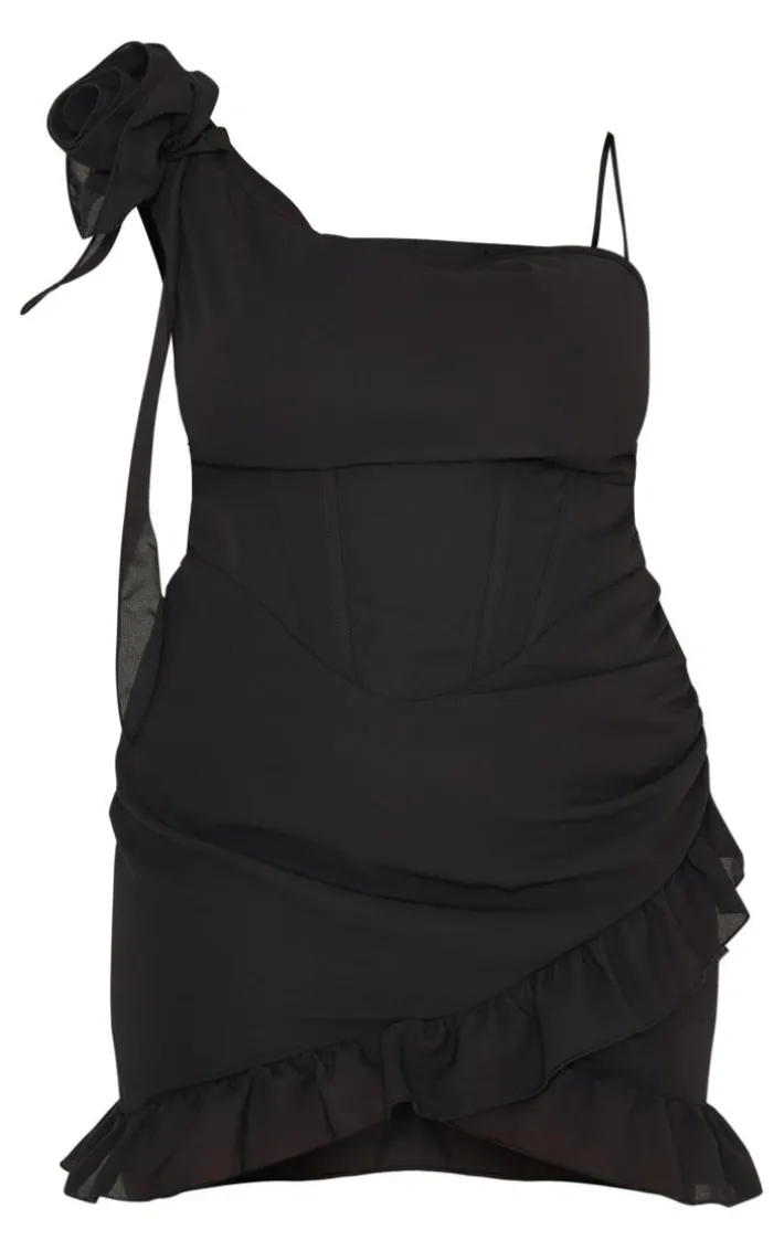 Plus Black Flower Detail Ruffle Hem Bodycon Dress