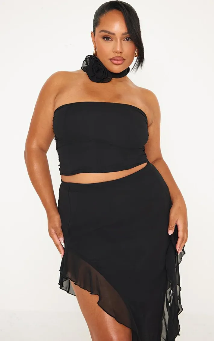 Plus Black Flower Detail Ruffle Drape Strappy Top