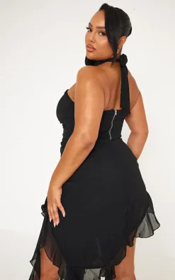 Plus Black Flower Detail Ruffle Drape Strappy Top