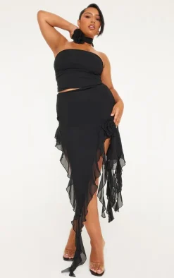Plus Black Flower Detail Ruffle Drape Strappy Top