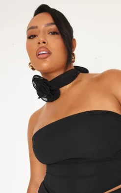 Plus Black Flower Detail Ruffle Drape Strappy Top