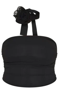 Plus Black Flower Detail Ruffle Drape Strappy Top