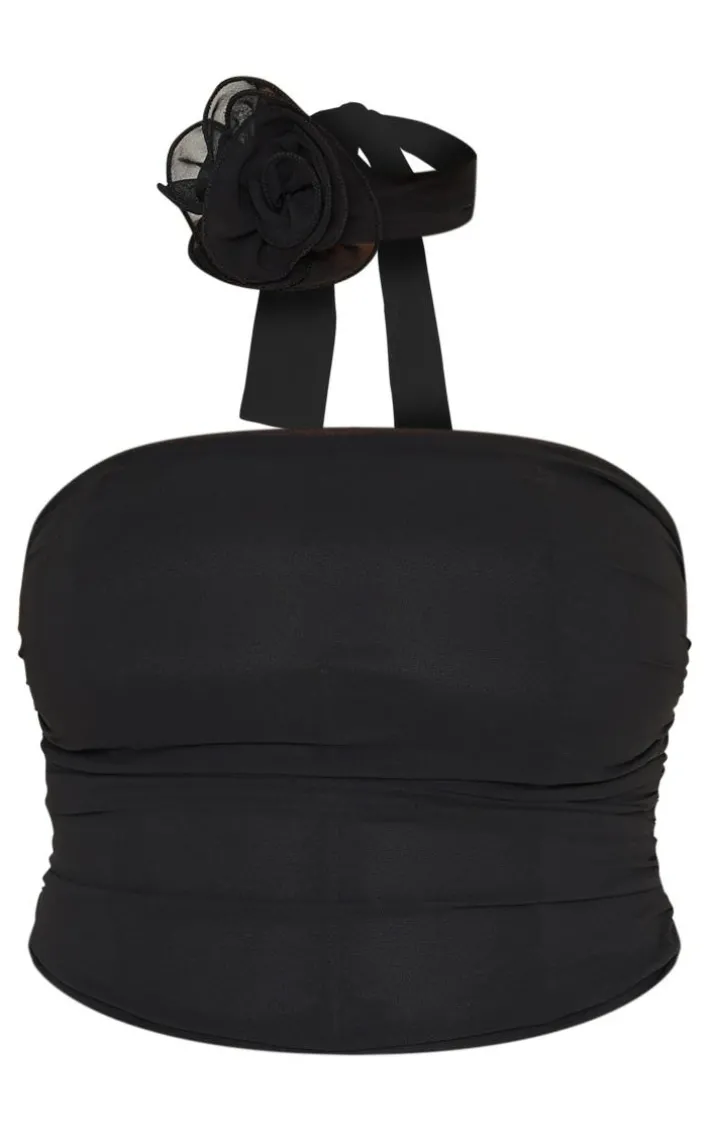 Plus Black Flower Detail Ruffle Drape Strappy Top