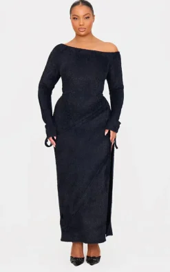 Plus Black Fluffy One Shoulder Maxi Dress