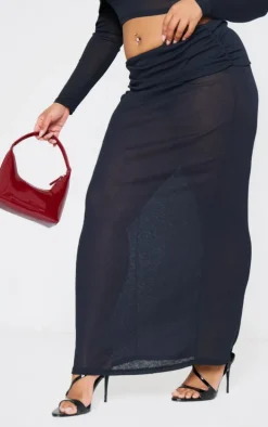 Plus Black Fold Over Sheer Maxi Skirt