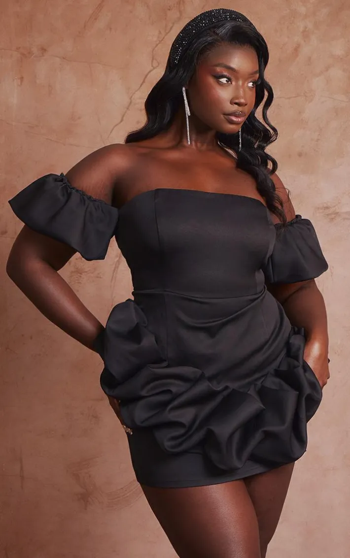Plus Black Frill Detail Puff Sleeve Bardot Bodycon Dress