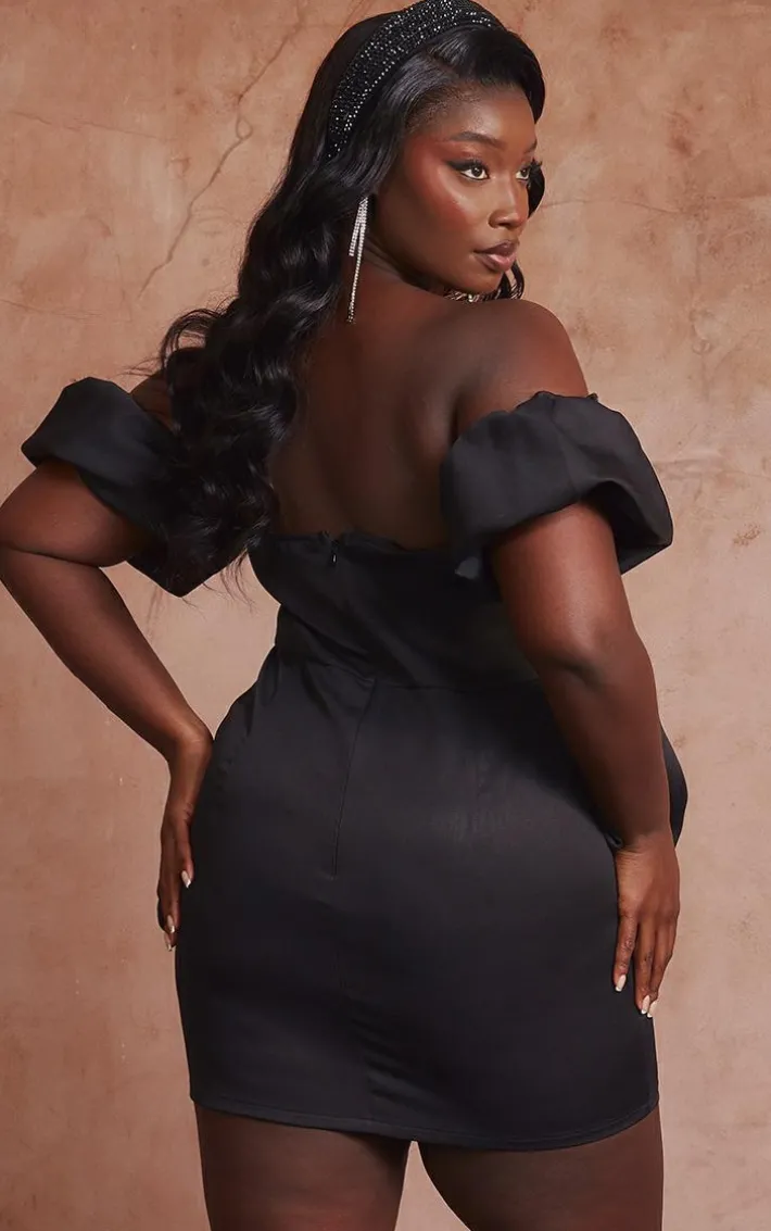 Plus Black Frill Detail Puff Sleeve Bardot Bodycon Dress