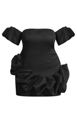 Plus Black Frill Detail Puff Sleeve Bardot Bodycon Dress