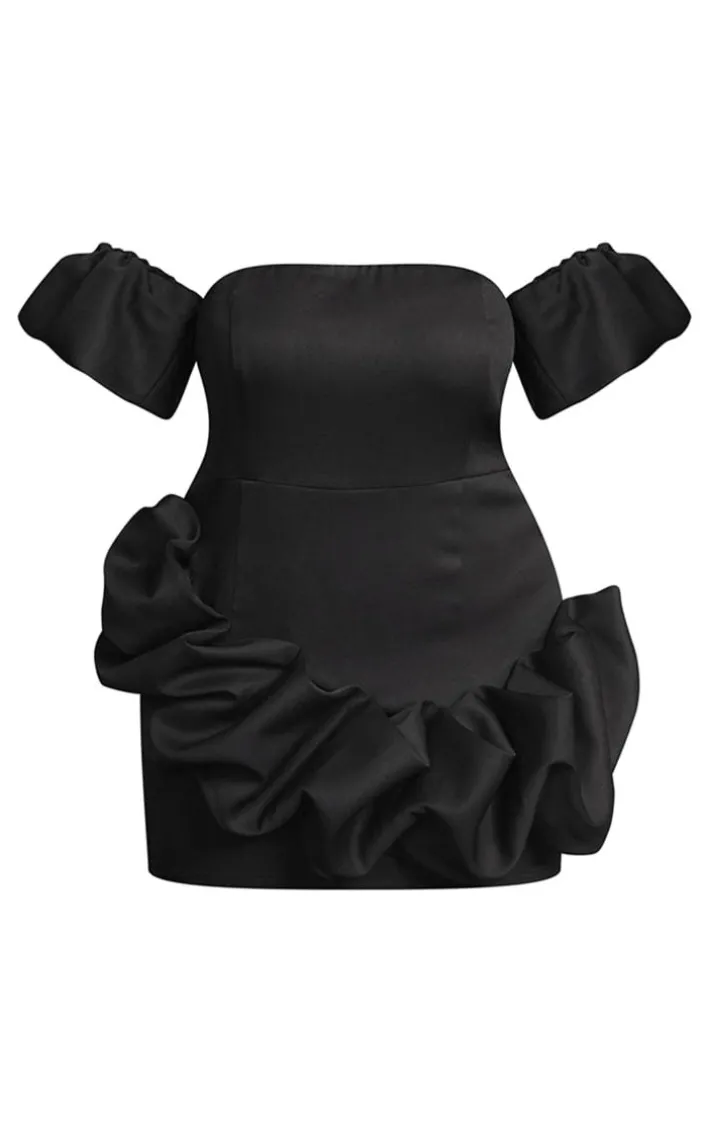 Plus Black Frill Detail Puff Sleeve Bardot Bodycon Dress