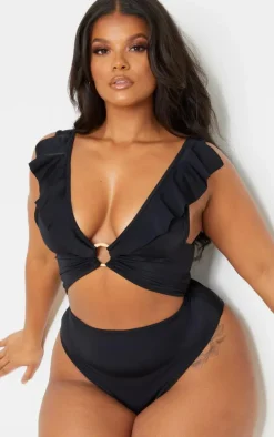 Plus Black Frill Edge Ring Detail Swimsuit