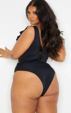 Plus Black Frill Edge Ring Detail Swimsuit