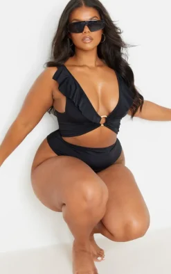 Plus Black Frill Edge Ring Detail Swimsuit