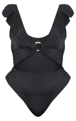 Plus Black Frill Edge Ring Detail Swimsuit