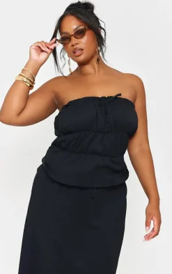 Plus Black Frill Trim Tie Front Bandeau Long Top