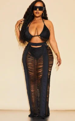 Plus Black Fringed Maxi Skirt