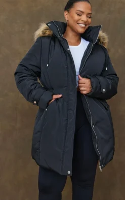 Plus Black Fur Hood Elasticated Waist Longline Parka Coat
