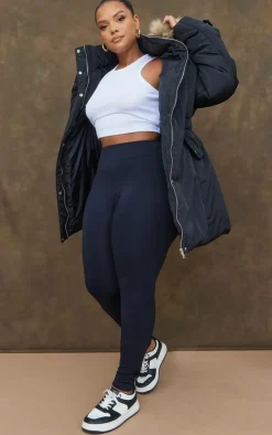 Plus Black Fur Hood Elasticated Waist Longline Parka Coat