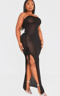 Plus Black Glitter Sheer Knit Flower Embellished Dress