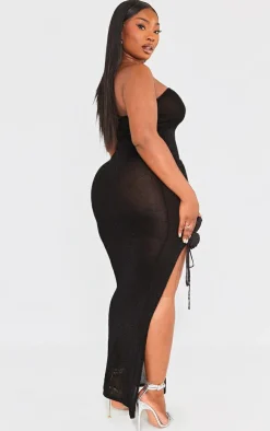 Plus Black Glitter Sheer Knit Flower Embellished Dress