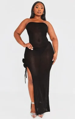 Plus Black Glitter Sheer Knit Flower Embellished Dress