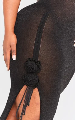 Plus Black Glitter Sheer Knit Flower Embellished Dress