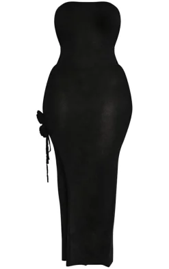 Plus Black Glitter Sheer Knit Flower Embellished Dress