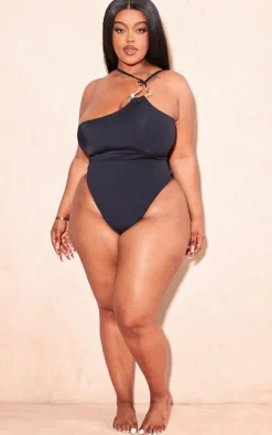 Plus Black Gold Trim Asymmetric Swimsuit