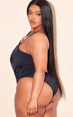 Plus Black Gold Trim Asymmetric Swimsuit