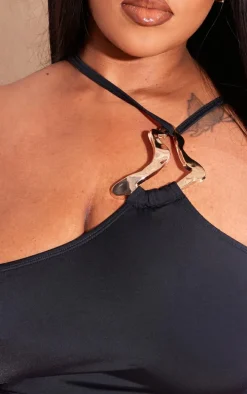 Plus Black Gold Trim Asymmetric Swimsuit