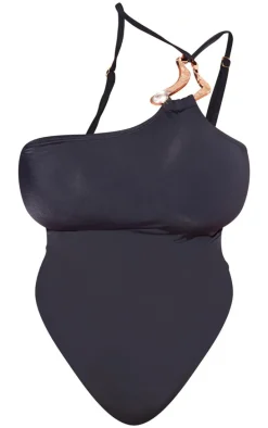 Plus Black Gold Trim Asymmetric Swimsuit