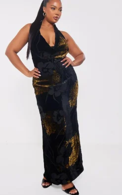 Plus Black Halter Cowl Neck Devore Maxi Dress
