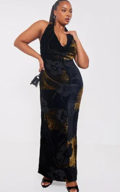 Plus Black Halter Cowl Neck Devore Maxi Dress